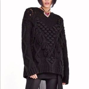 Zara Knits Black Fringe Pom Pom Oversized Sweater